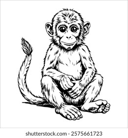 Cute baby monkey is sitting on the ground with its legs crossed