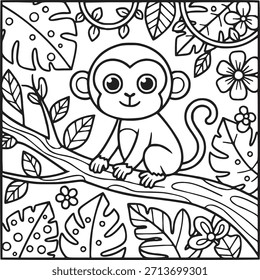 Bonito bebê macaco sentado na árvore da selva Branch colorir página ilustração vetor para crianças livro de atividades, animais tropicais e natureza esboço arte, simples preto e branco linha desenho
