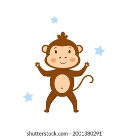 Cute baby monkey stands on an isolated white background with stars. Kawaii vector animal in cartoon style