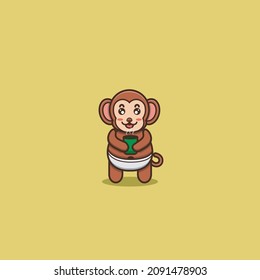 Cute Baby Monkey Tea. Character, Mascot, Logo, Cartoon, Icon, and Cute Design. Vector and Illustration.