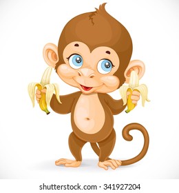 Cute baby monkey with two bananas stand on a white background