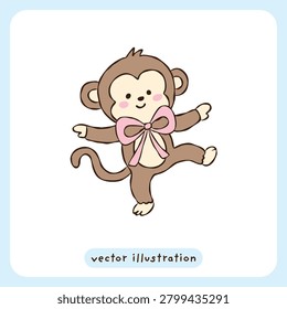 Cute baby monkey vector illustration, adorable little monkey character with pink bow, kawaii cartoon animal clipart