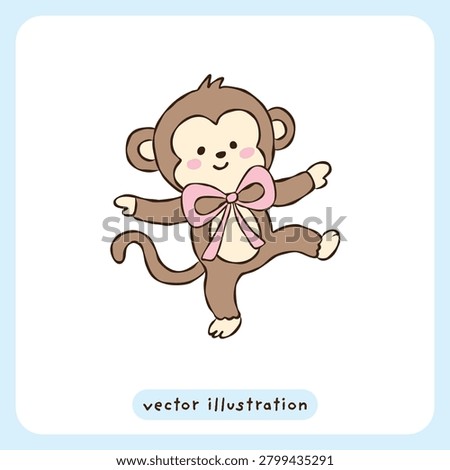 Cute baby monkey vector illustration, adorable little monkey character with pink bow, kawaii cartoon animal clipart