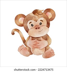 cute baby monkey watercolor clipart illustration with isolated background