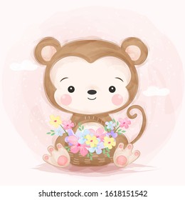 cute baby monkey, watercolor illustration, children's illustration, animal clipart.
