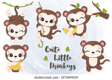 Cute baby monkeys in set in watercolor illustration