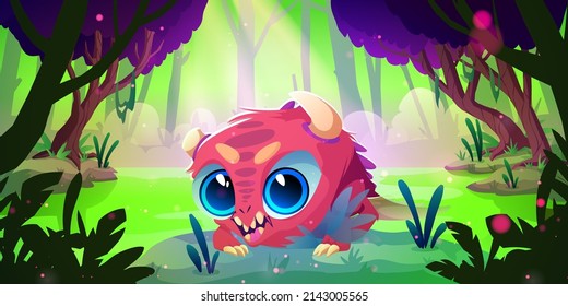 Cute baby monster cartoon character, funny alien creature at fantasy planet or fairy tale landscape. Strange spooky little animal with smiling toothed muzzle, horns and big eyes, Vector illustration