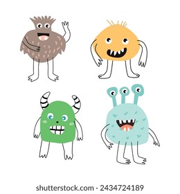 Cute baby monster character smiling vector illustration. Can used for greeting card, poster, baby cards. Doodle monsers in trendy style. 