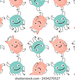 Cute baby monsters seamless pattern in doodle style. Vector illustration can used for baby textile, fabric design, infant or newborn print for t-shirt and other clothes. 