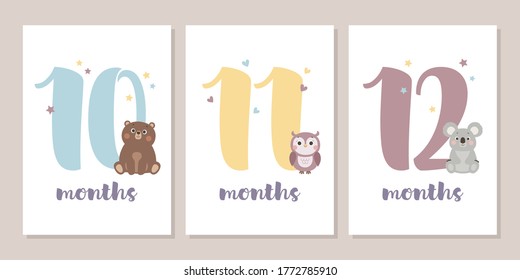 Cute baby month anniversary card with numbers and animals, ten, eleven and twelve months, vector illustration