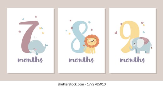 Cute Baby Month Anniversary Card With Numbers And Animals, Seven, Eight And Nine Months, Vector Illustration