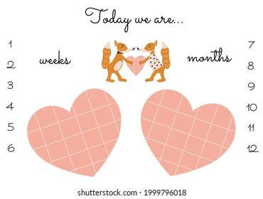 Cute baby monthly milestone  blanket background for twins with fox. Vector illustration