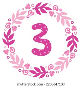 Cute baby monthly sticker. Floral set for newborn. Vector hand drawn illustration. Sticker number 3