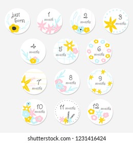 Cute baby monthly stickers. Floral set for newborn. Vector hand drawn illustration.