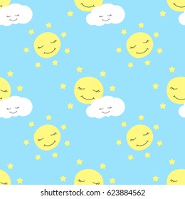 Cute baby moon pattern vector seamless. Children print with eyelash moon with stars and clouds. Good night background for kids birthday card, fabric or wallpaper, baby shower invitation template.