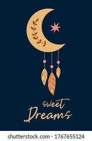 Cute Baby Moon Shape Feathers Kids Moon Dreamcatcher Sweet Dreams Text Baby Boho Chic Print Vector