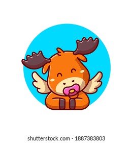 Cute Baby Moose With Pacifier Cartoon Vector Icon Illustration. Animal Nature Icon Concept Isolated Premium Vector. Flat Cartoon Style