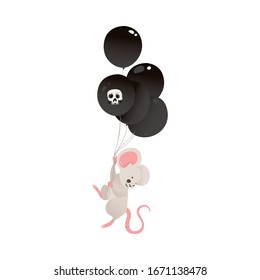 Cute baby mouse with black scaring balloons, flat vector illustration isolated on white background. Pretty little animals for Halloween greeting and invitation cards.