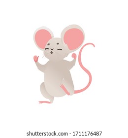 Cute baby mouse cartoon character dancing or jumping for joy, flat vector illustration isolated on white background. Cheerful animal for nursery prints and decoration.