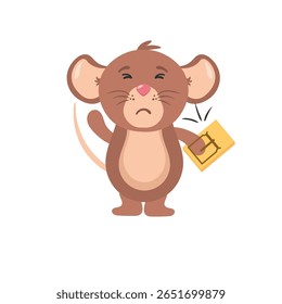 Cute baby mouse cartoon character cheese pet vector illustration flat design wildlife animal mascot happy little smile icon graphic drawing tail cattle comic set fun isolated nature grey small

