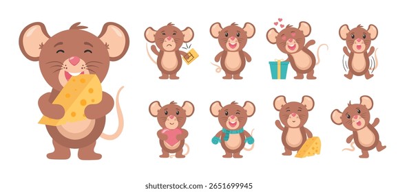 Cute baby mouse cartoon character cheese pet vector illustration flat design wildlife animal mascot happy little smile icon graphic drawing tail cattle comic set fun isolated nature grey small

