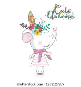 Cute baby mouse cartoon hand drawn vector illustration. Can be used for baby t-shirt print, fashion print design, children wear, baby shower celebration, greeting and invitation card.