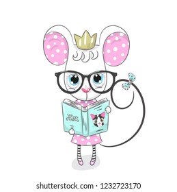 Cute baby mouse cartoon hand drawn vector illustration. Can be used for baby t-shirt print, fashion print design, children wear, baby shower celebration, greeting and invitation card.