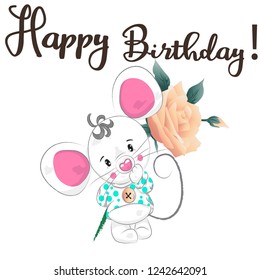 Cute baby mouse cartoon hand drawn vector illustration. Can be used for baby t-shirt print, fashion print design, children wear, baby shower celebration, greeting and invitation card.