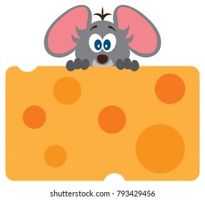 A cute baby mouse is excited about his large piece of cheese