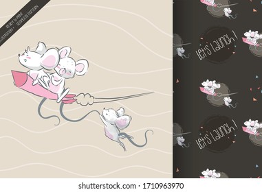 Cute baby mouse flying with rocket seamless pattern