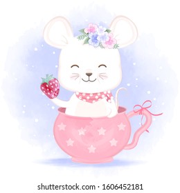 Cute baby mouse holding strawberry in cup hand drawn cartoon animal watercolor illustration
