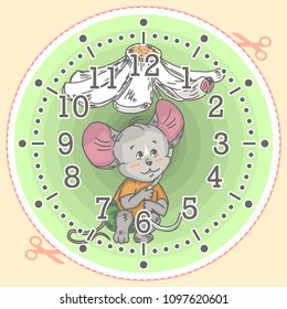 Cute baby mouse on clock face. Adorable animal cartoon. Dial for alarm, table, wall clocks models, wristwatch, pocket watch, timer or stopwatch for kids. For learning time at preschool and singly.
