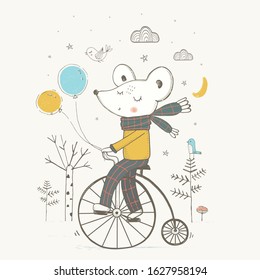 Cute baby mouse riding a bicycle. Hand drawn vector illustration.Can be used for baby t-shirt print, fashion print design, kids wear, baby shower celebration greeting and invitation card.