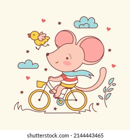 Cute baby mouse riding a bicycle. Hand drawn vector illustration.Can be used for baby t-shirt print, fashion print design, kids wear, baby shower celebration greeting and invitation card.
