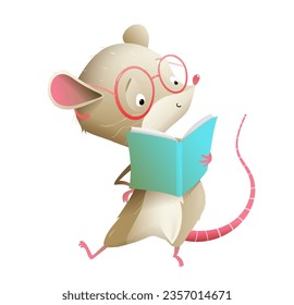 Cute baby mouse wearing glasses reading a book, young reader character design for children. Education, school and library illustration for kids. Vector animal character cartoon in watercolor style.