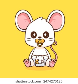 Cute Baby Mouse Wearing Pacifier And Diaper Cartoon Vector Icon Illustration. Animal Nature Icon Concept Isolated Premium Vector. Flat Cartoon Style