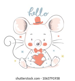 Cute baby mouse.cartoon hand drawn vector illustration. Can be used for baby t-shirt print, fashion print design, kids wear, baby shower celebration greeting and invitation card.