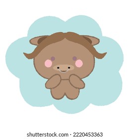 Cute baby musk ox, buffalo on green cloud, bull. Hand drawn vector illustration in crayon colored texture isolated on white background.