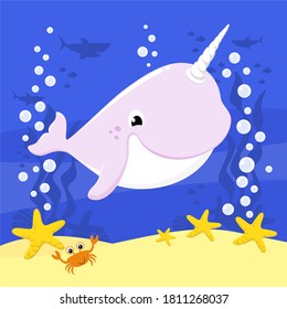 cute baby narval cartoon illustration with bubbles and under the sea background. Marine unicorn. Design for baby and child