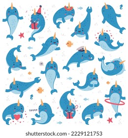 Cute baby narwhal character set. Funny sea mammal animal in different poses cartoon vector illustration