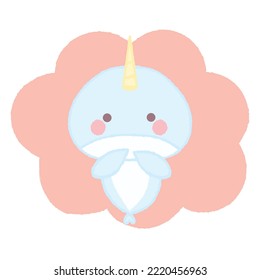 Cute baby narwhal on orange cloud. Hand drawn vector illustration in crayon colored texture isolated on white background.