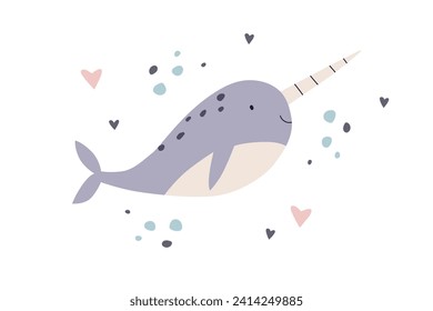 Cute baby narwhal. Unicorn horned fish. Sea animal in Scandinavian nordic style. Fairy marine character swimming. Kid childish Scandi flat vector illustration isolated on white background