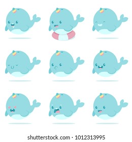 Cute baby narwhal unicorn set. Vector cartoon character of magic whale with different kawaii emotions isolated on a white background.