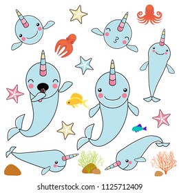 cute baby narwhal or whale unicorn characters with fishes, starfishes, and OCTOPUS.