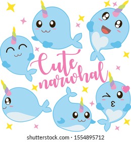 Cute baby narwhal or whale unicorn Vector illustration . Funny kawaii narwhal  with star. The unicorn of the sea set 