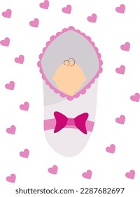 Cute baby in a newborn blanket with a pink bow and hearts. Vector illustration in a flat style 