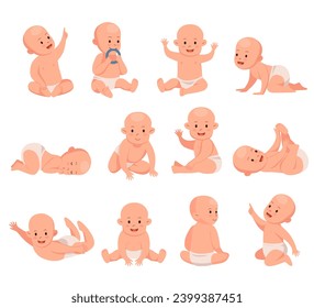 Cute baby. Newborn toddler. Happy infant in diaper. Girl crawling or sleeping. Daughter growth. Kid sitting and playing. Children poses and actions set. Vector cartoon illustration