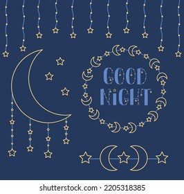 Cute Baby Night Decor. Set Of Good Night Design Elements. Moon And Stars Frame And Dream Catcher.	