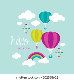 Cute baby nursery announcement little girl postcard hot air balloon illustration cover design