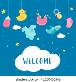 Cute baby nursery decorations with a text welcome vector